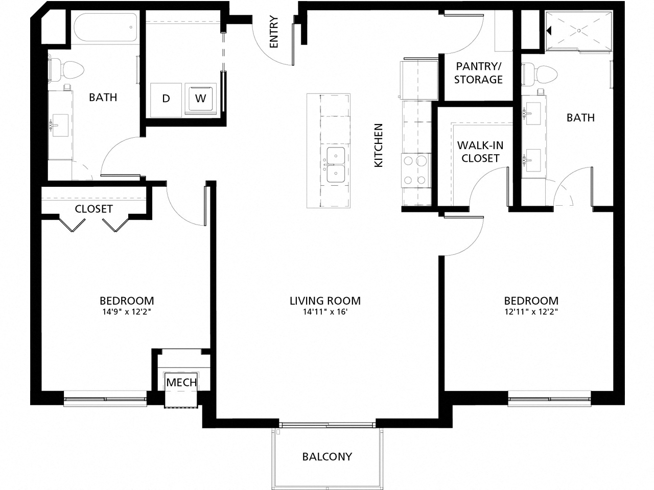 Floor plan for 2 beds, 2 baths, 1206 sqft